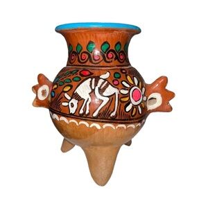 Vintage Art Pottery 3 Footed Handmade Vase Folk Art MEXICO Tonala Bird Flowers